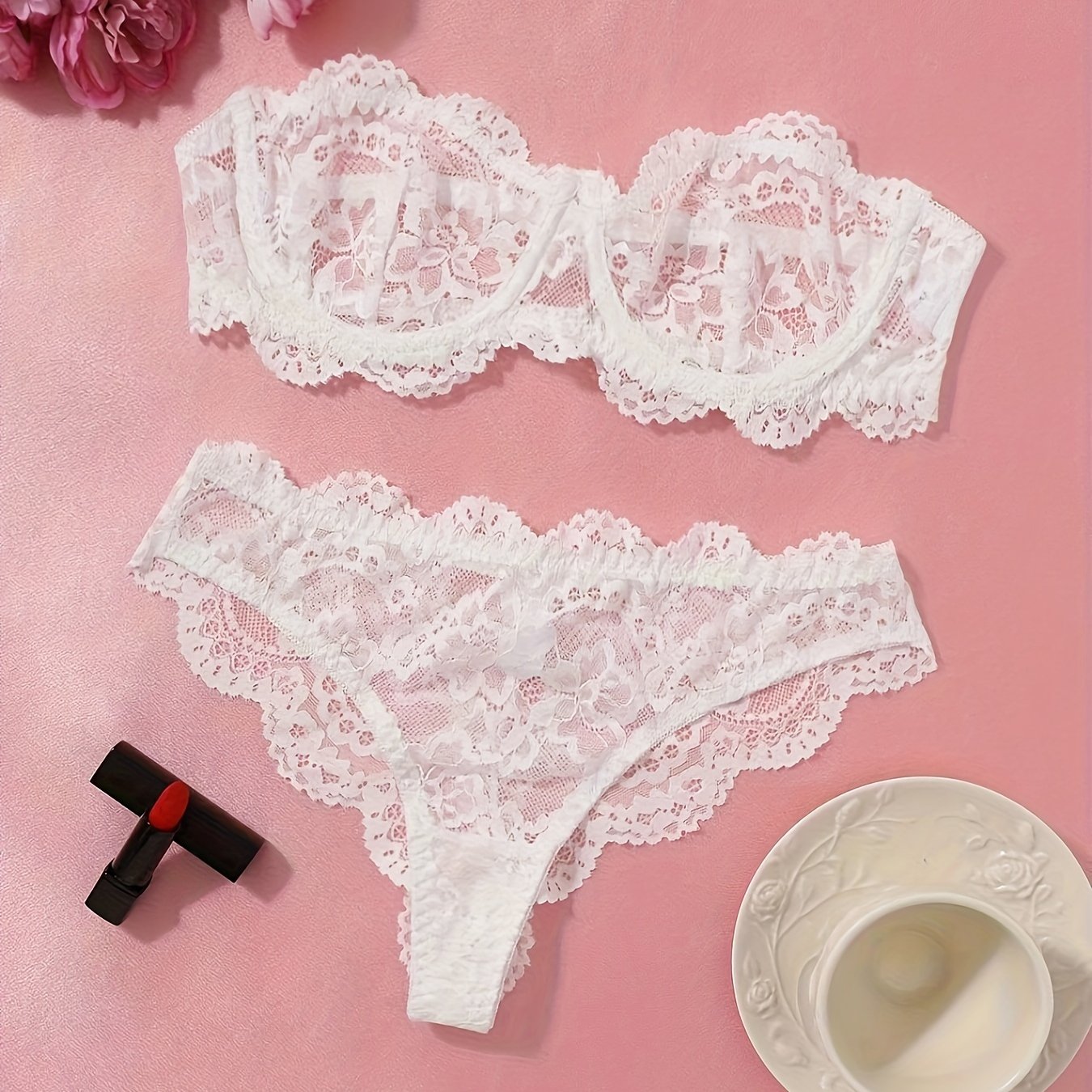 French style lace lingerie set for women, no chest pad, floral pattern, 90% polyamide 10% elastane, drop waist briefs, 95gsm knit fabric - adult