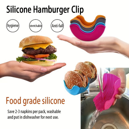 Set of 4 silicone hamburger clips for portable, no-contact storage and easy washing.