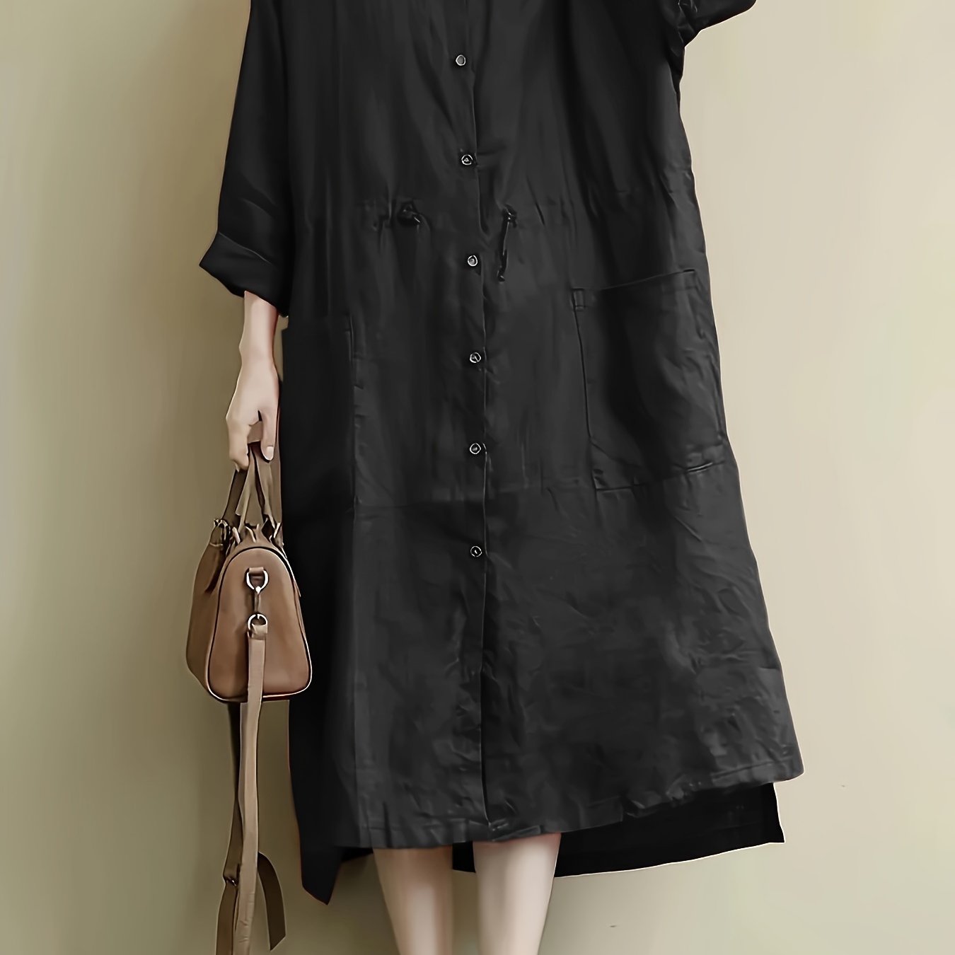 Red linen shirt dress with casual loose fit, button detail, non-stretch fabric, machine washable, part of spring collection.