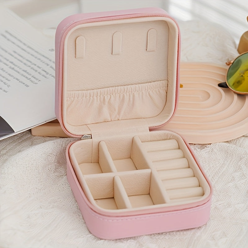 Compact square jewelry box for rings, bracelets, necklaces, earrings, and lipstick with various color choices.