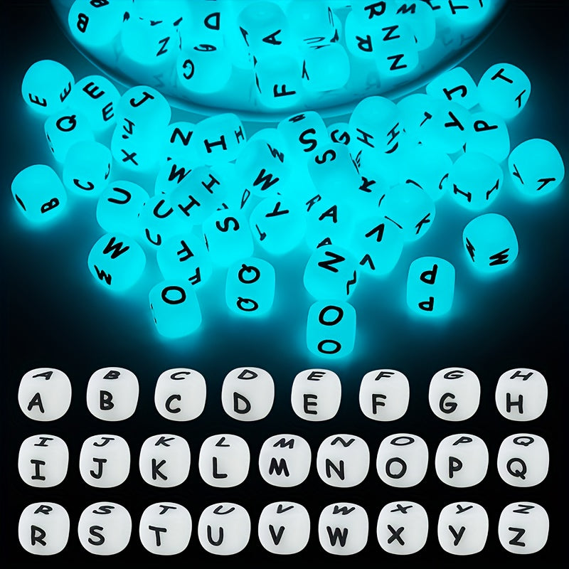 Set of 26 Glow-in-the-Dark Silicone Cube Beads, Includes Alphabet and Number Square Dice Beads, Perfect for DIY Keychain and Jewelry Crafts, Great Gift Option