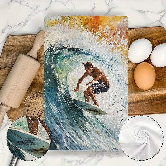 Surf's Up! Set of 2 Ultra Soft Kitchen Towels featuring Vibrant Surfer Design - Highly Absorbent & Quick-Dry Dish Hand Towels, Machine Washable, 40.64x60.96 cm - Perfect for Holiday Decor & Daily Use, Dish Towels