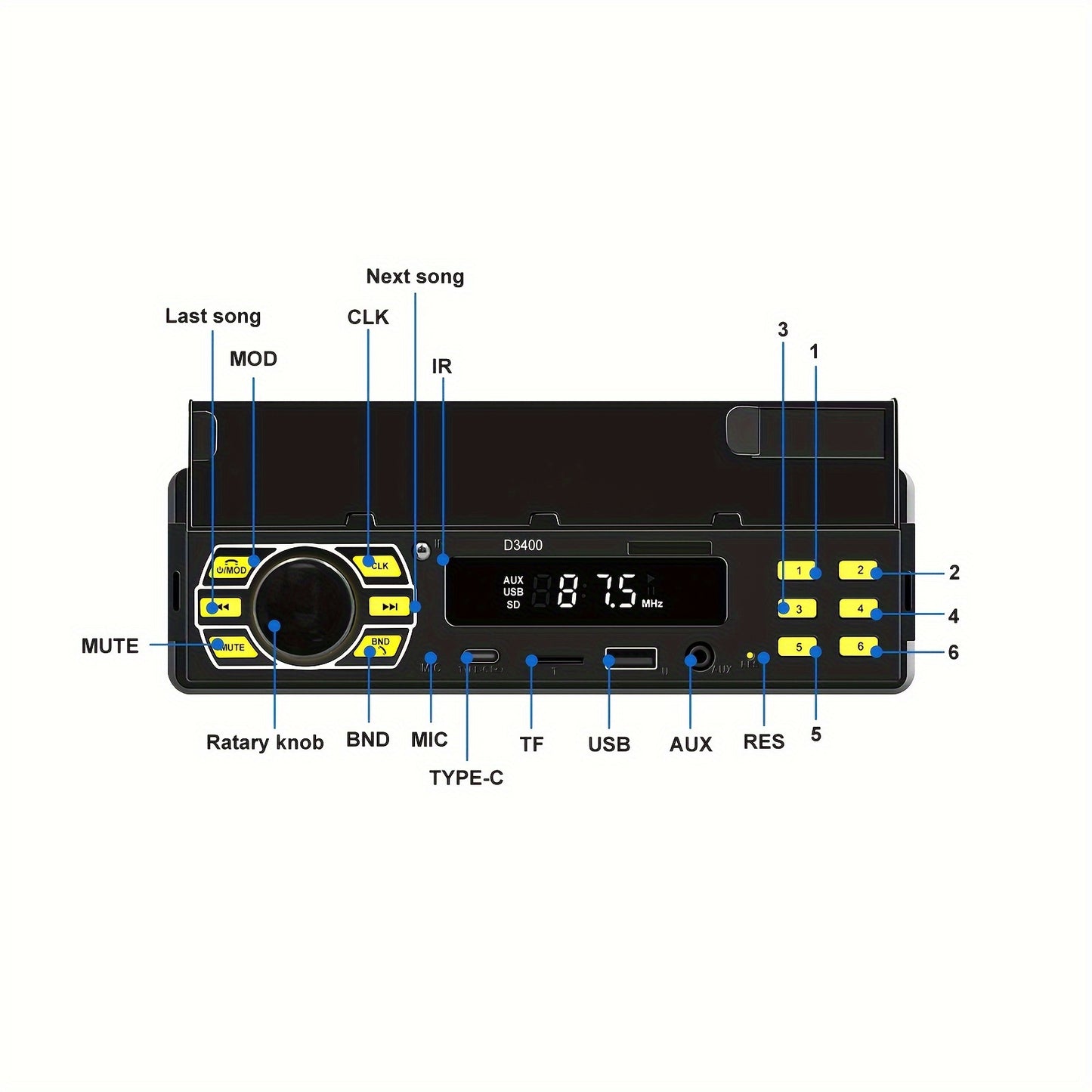 Podofo D3400 12V Car Stereo with FM/USB/SD/AUX-IN, Mobile Phone Holder, Remote Control, 45Wx4 Amplifier, MP3/WMA/CDDA Audio Playback, Easy Installation Kit - Black