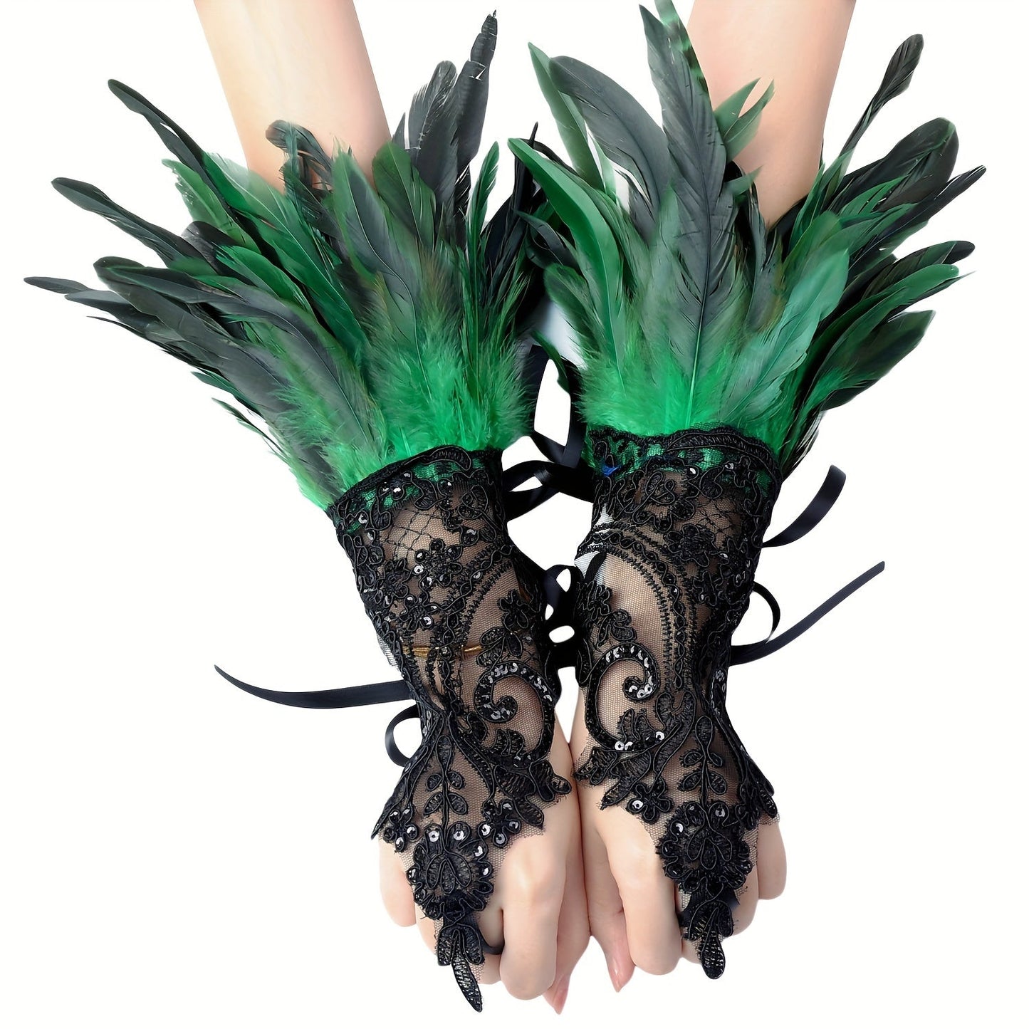 Chic Gothic-inspired gloves with faux feathers, monochrome lace, sequins, and lace-up hooks. Perfect for Halloween parties or dressing up your wrists.