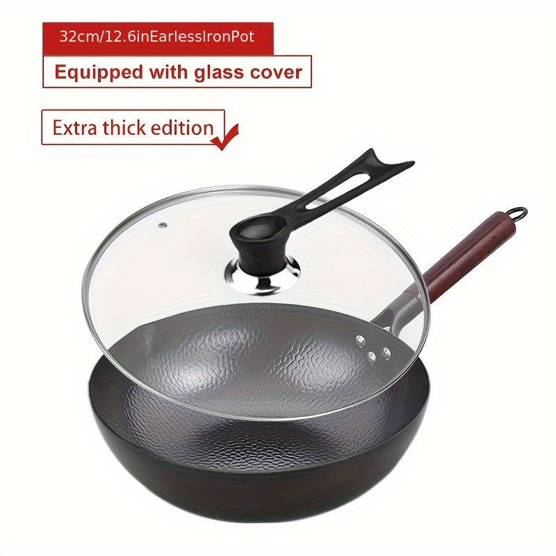 Traditional hand-forged 32cm/12.6in iron wok and stir-fry pan comes with a wooden lid. This non-coated, non-stick pan should be hand washed only. It features a durable cast iron handle and is compatible with smooth surface non-induction cooktops.