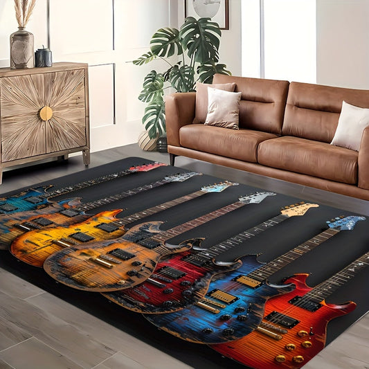 Add a pop of color to your room with this vibrant Electric Guitar Pattern Rug! Made of durable sponge material, this 8mm thick mat is machine washable and non-slip for safety. Perfect for living rooms, bedrooms, and entryways, this soft comfort mat will