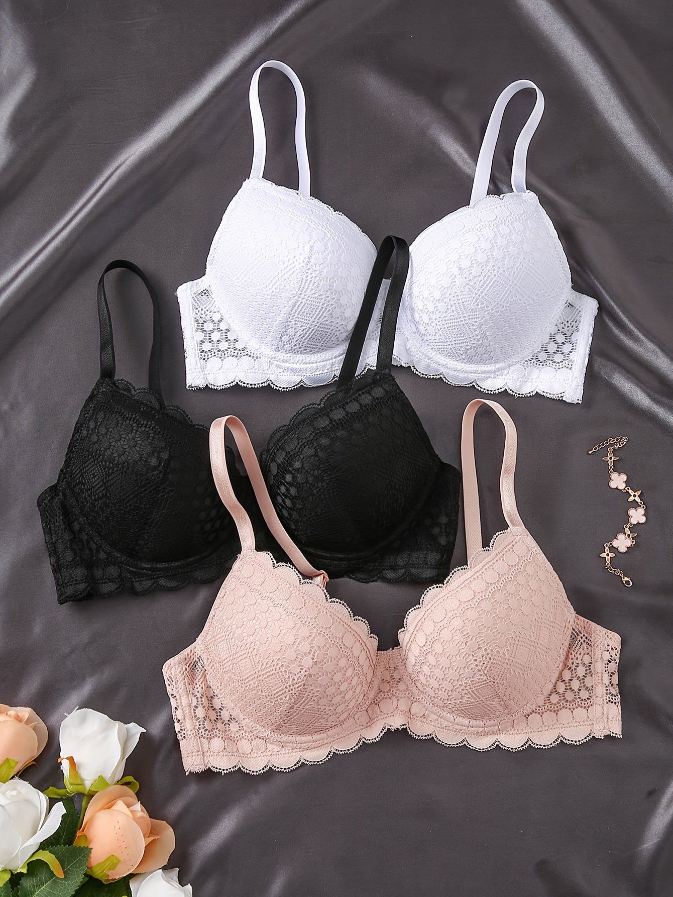 3 solid lace underwire bras for women, sexy push-up and comfortable, in lingerie & underwear.