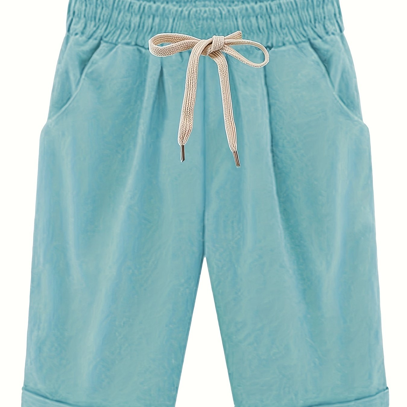 Women's Plus Size High Rise Drawstring Shorts with Pocket, Slight Stretch and Solid Casual Style.