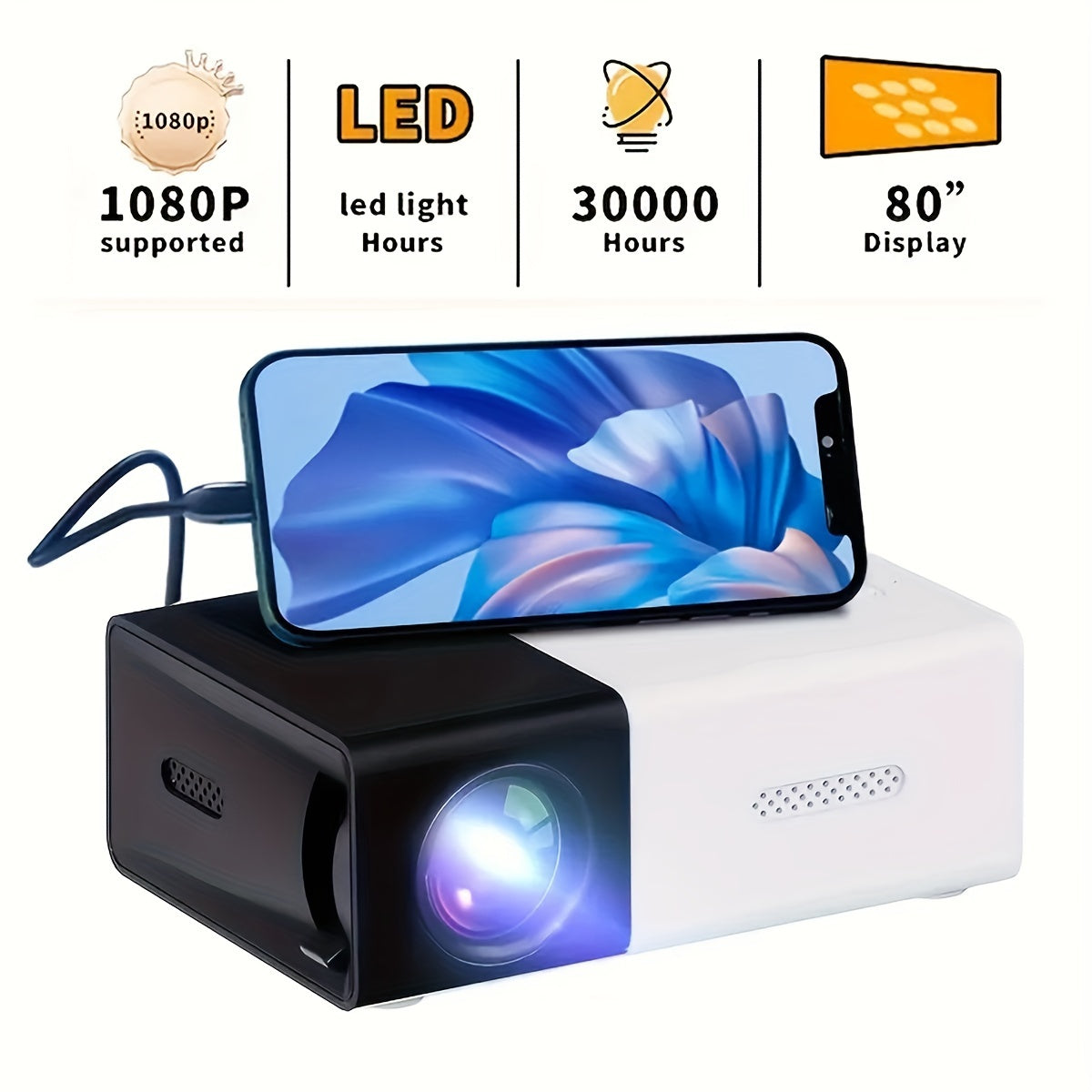 Small 1080P home theater projector with remote control, LCD display, tabletop mount, 3D capability, and compatibility with USB, AV, iOS, Android, and European outlets.