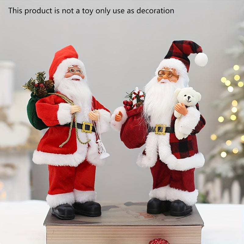 12-inch Classic Santa Claus Figurine in Red & Black Attire for Festive Home Decor during Christmas and New Year's. Made of Durable Synthetic Fiber, Ideal for Window or Tabletop Display in Homes, Shopping Malls, and Hotels.