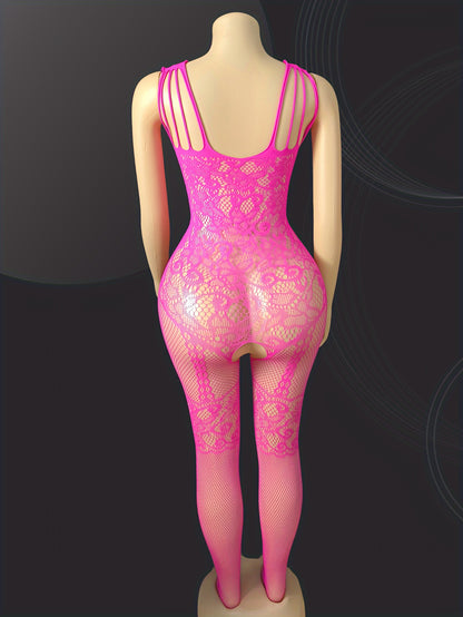 Women's Sexy High Stretch Hollow Bodysuit with Floral Lace Pattern and Sheer Mesh, made of Breathable Polyamide Knit Fabric with Full-Length Open Crotch Design.