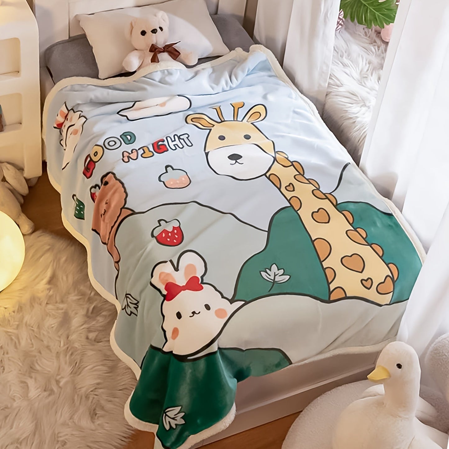 Soft and cuddly cartoon animal plush blanket for young children, great for naps and snuggles. Suitable for kids aged 0-3 years, perfect for strollers and beds. Made of cozy flannel material.