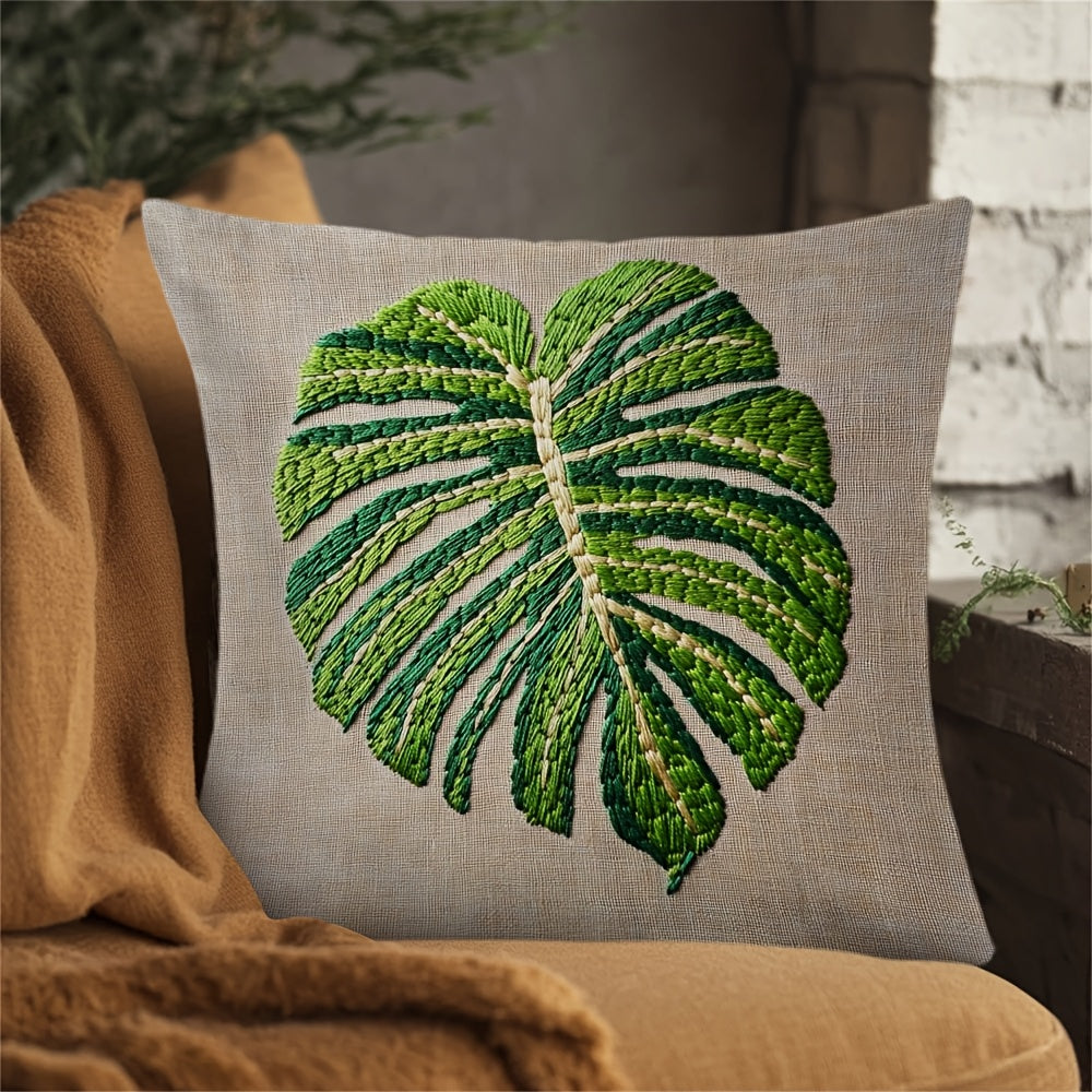 Monstera Leaf Pattern Pillow Cover - 1 Piece, Made of 100% Polyester, Two-Sided Print, Square Shape, Easy to Machine Wash. This decorative cushion case is perfect for your home, office, living room, car, or sofa. Measures 45.72x45.72 cm and does not