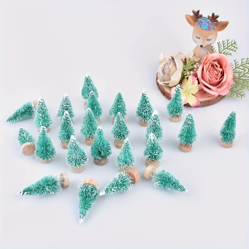 12 Mini Christmas sisal Snow Frost Trees with wooden bottle brush base for festive home decor.