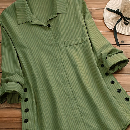 Spring collection: green striped long sleeve women's shirt with button detail - casual yet chic, 100% polyester, machine washable, versatile top with chest pocket.