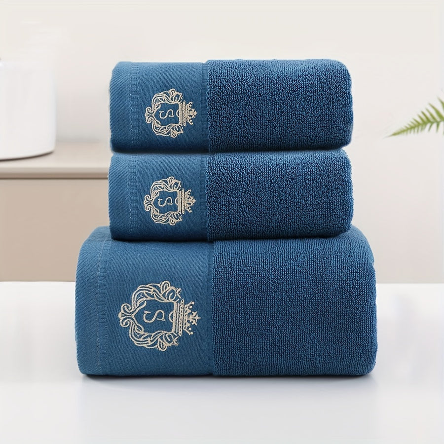 Modern, soft cotton towel set with embroidered character design and luxury crown motif. Highly absorbent, 450 GSM knit fabric. Perfect bathroom gift collection.