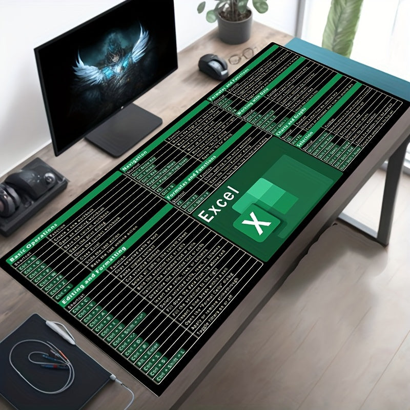 Excel Keyboard Shortcuts Mouse Pad with Large Rubber Base, Water-Resistant Fabric Surface for Gaming and Office Precision Control.