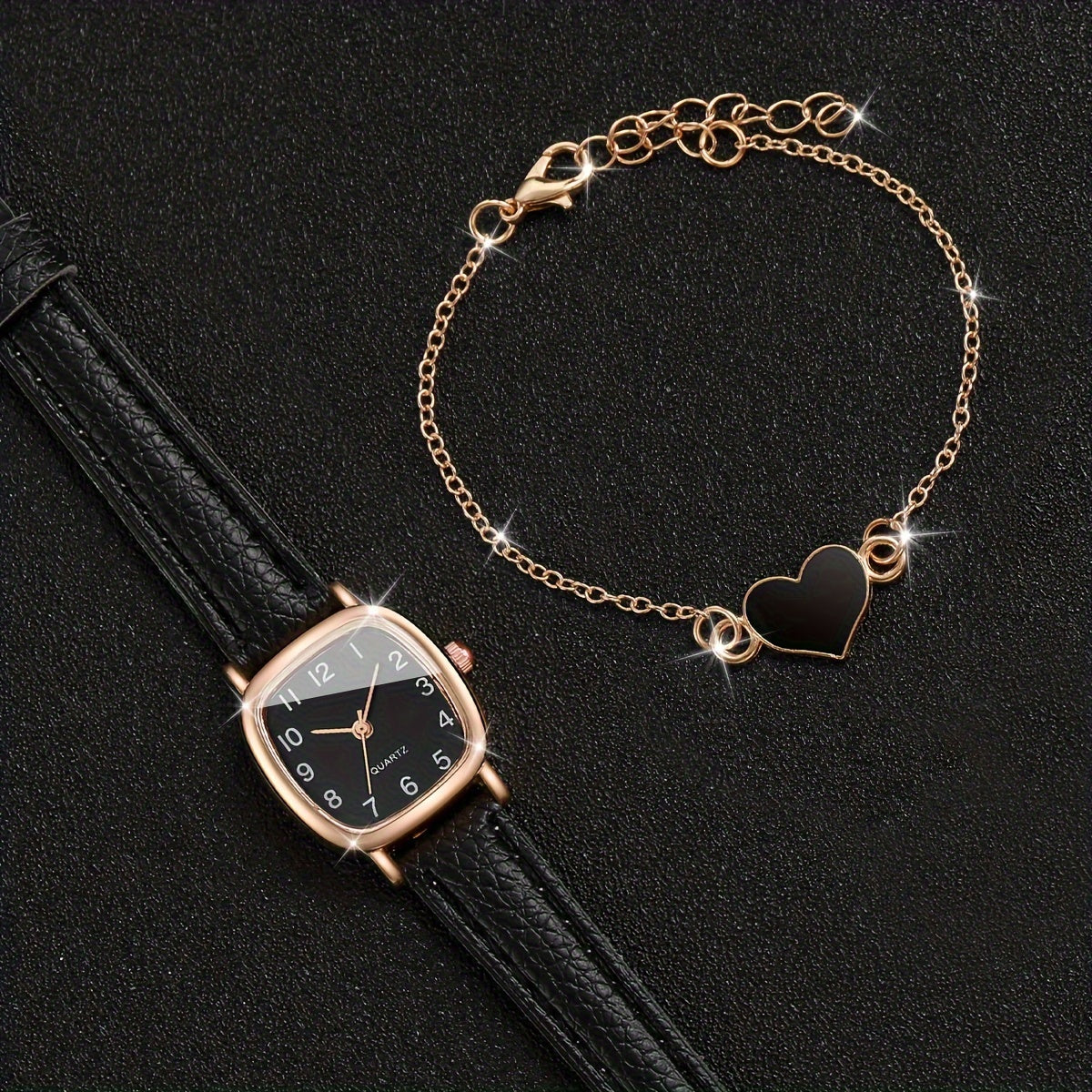 Women's fashion watch set with square dial, PU leather band, alloy case, and heart charm bracelet.