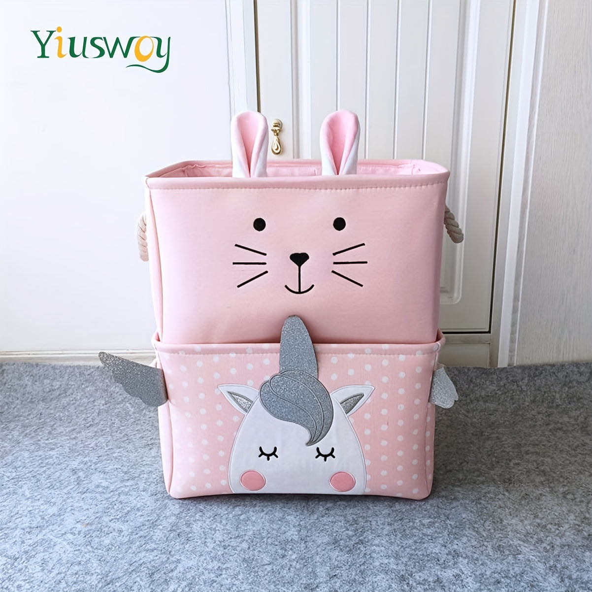 Pink Rabbit & Pony Storage Basket - Thick Fabric, Rectangular Organizer for Toys, Clothes, Books | Home Decor with Handles