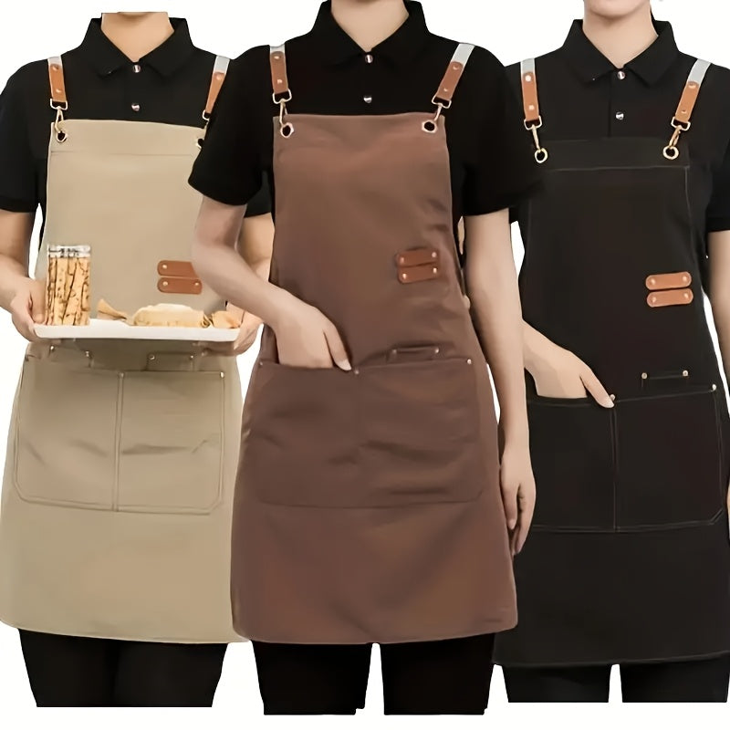 Stay stylish and protected with this chic waterproof canvas apron. Perfect for coffee bars, restaurants, and flower shops, this apron features pockets for convenience. Available in beige, black, or brown with golden-toned buckles, this waist overall is