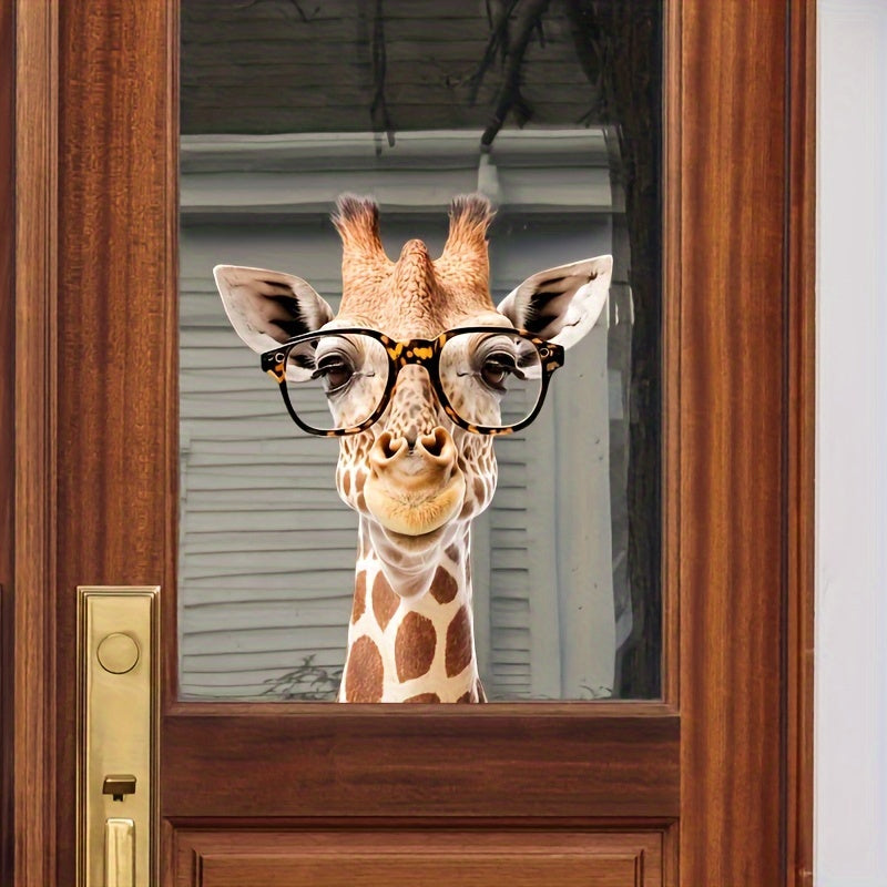 Add a touch of whimsy to your space with this adorable Giraffe Peeking Window Decal featuring Yellow Glasses. This removable, self-adhesive wall sticker is perfect for Bedroom, Living Room, and Office Decor. Made with 1mil thick material, this Artistic