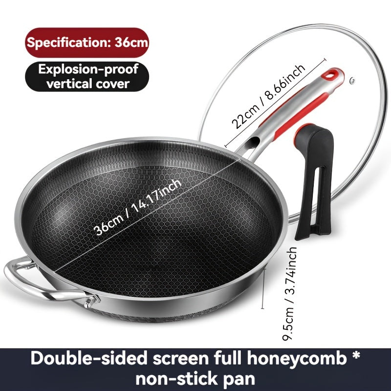 Stainless Steel Wok with Glass Lid and Honeycomb Non-Stick Coating - Features Full Screen Anti-Scratch Vertical Pot Cover, Dual Anti-Stick Shovels, and Scratch-Resistant Design - Perfect for Gas and Induction Cooktops