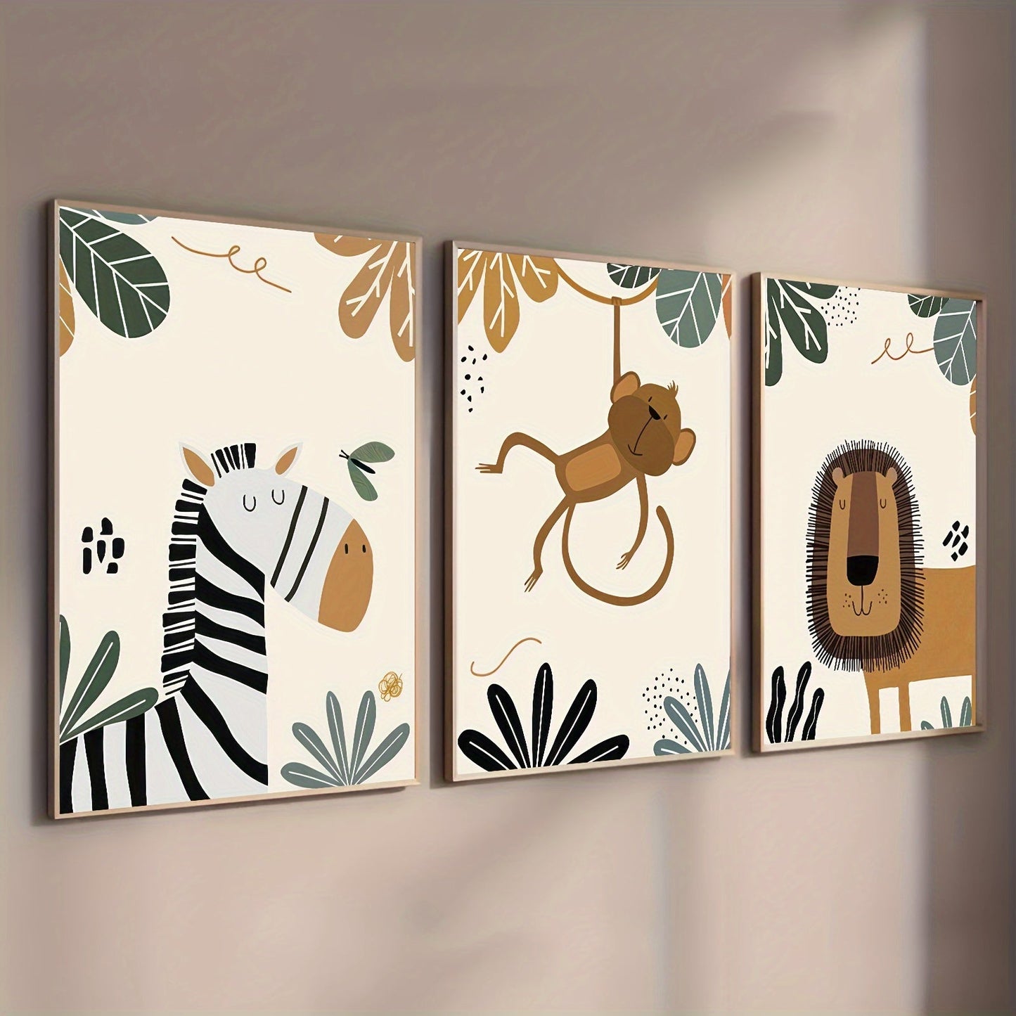 Bohemian Safari Animal Wall Art Prints Set featuring Lion, Monkey, and Zebra - 3 pieces, Frameless, Reusable, Made from Plant Materials, Perfect for Children's Bedroom & Nursery Decor, Canvas Posters for Home Living Space, Suitable for Ages 14 and Up.