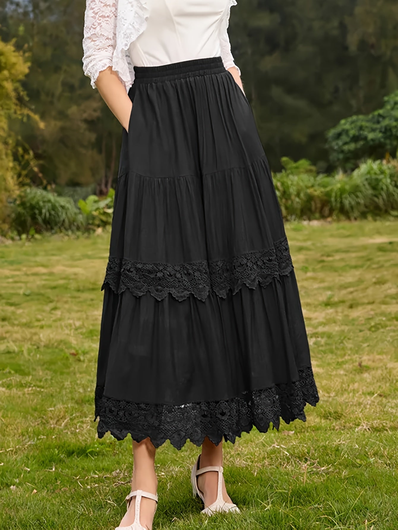 Plus size tiered skirt with lace detail, polyester, a-line, long, elastic waist, solid color, loose fit for all seasons.