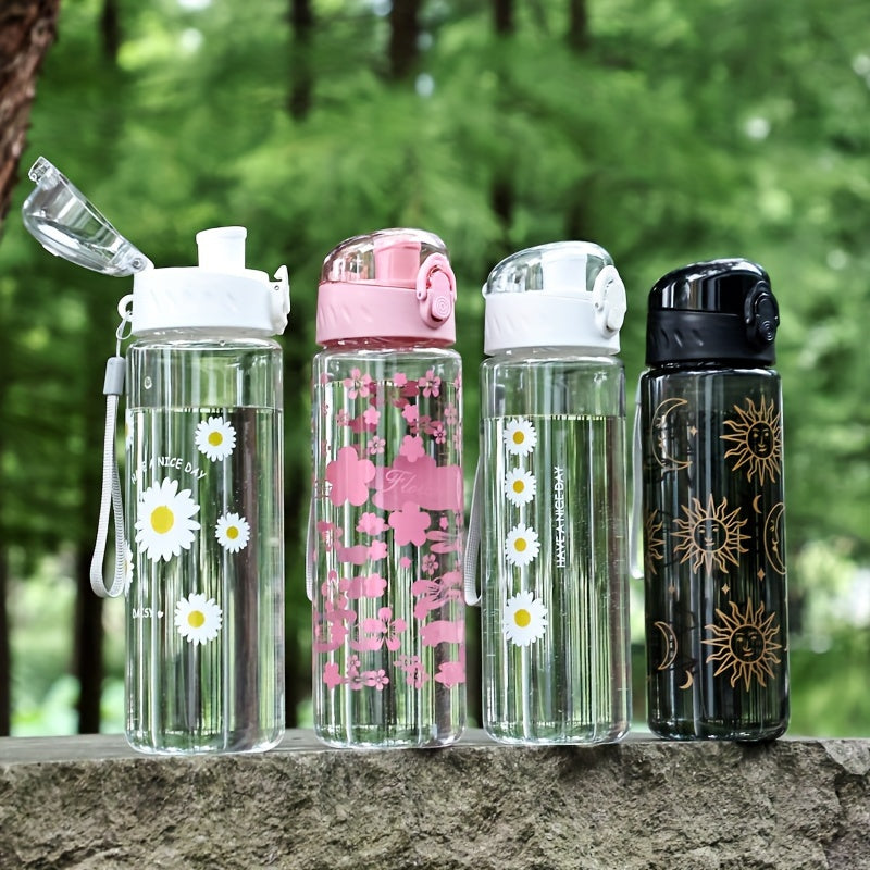 Portable large capacity plastic water bottles with sun and flowers design, leakproof BPA-free tumblers for camping, easy-to-carry, gift-friendly cups.