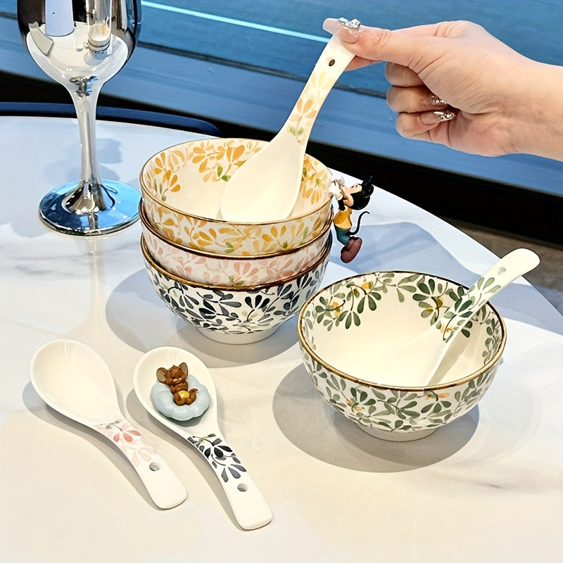 Set of 4 ceramic bowls with floral patterns, versatile for various dishes, safe for dishwasher, oven, and microwave.