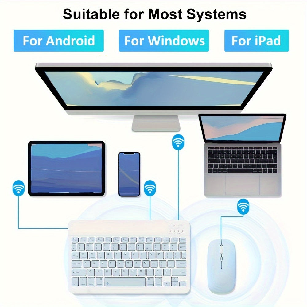 Portable keyboard and mouse combo for tablets - compatible with iPad, Android, Samsung, Xiaomi. Features wireless connectivity, rechargeable battery, optical motion detection, light green &