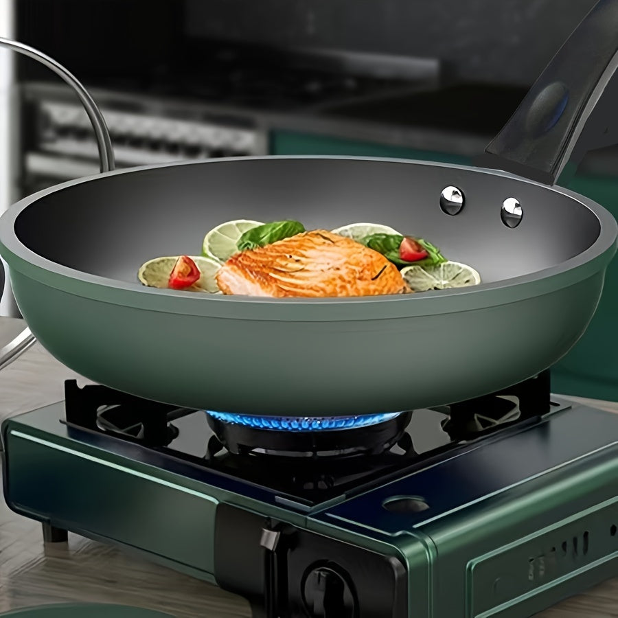 Non-Stick Skillet, 9.5-Inch Cast Iron Fry Pan with Mirror Satin Finish, Dishwasher Safe and Compatible with Smooth Surface Non-Induction Stovetops. Featuring a Thick Base Cast Iron Handle in a Green Color, Perfect for Cooking Eggs, Steak, and Pancakes.