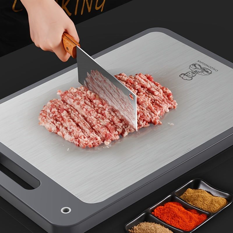 Multi-functional double-sided stainless steel cutting board for the household, which can also be used as a thickened kitchen chopping board, kneading board, rolling board, and multi-purpose board.