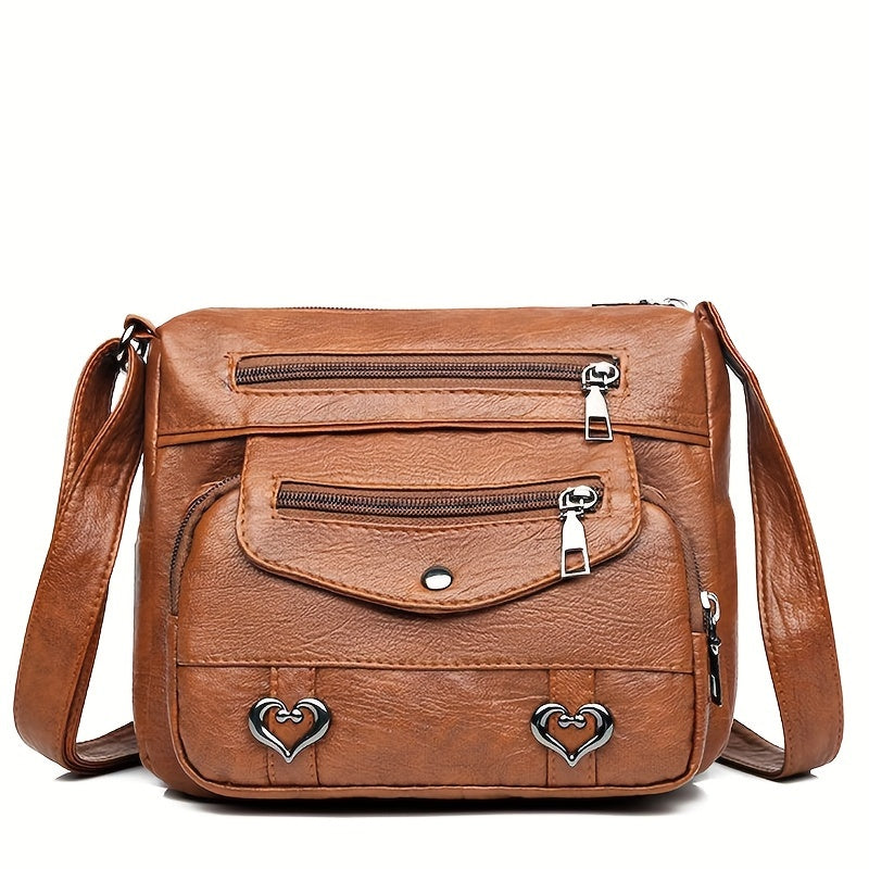 Brown Crossbody Bag with Adjustable Strap, Multiple Compartments, Heart Studs - Lightweight and Versatile