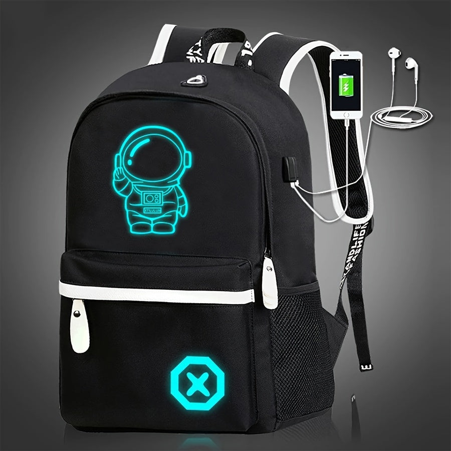 Glow-in-the-dark cartoon backpack with USB charging, adjustable straps, and zip closure. Perfect for daily use for school or commuting.