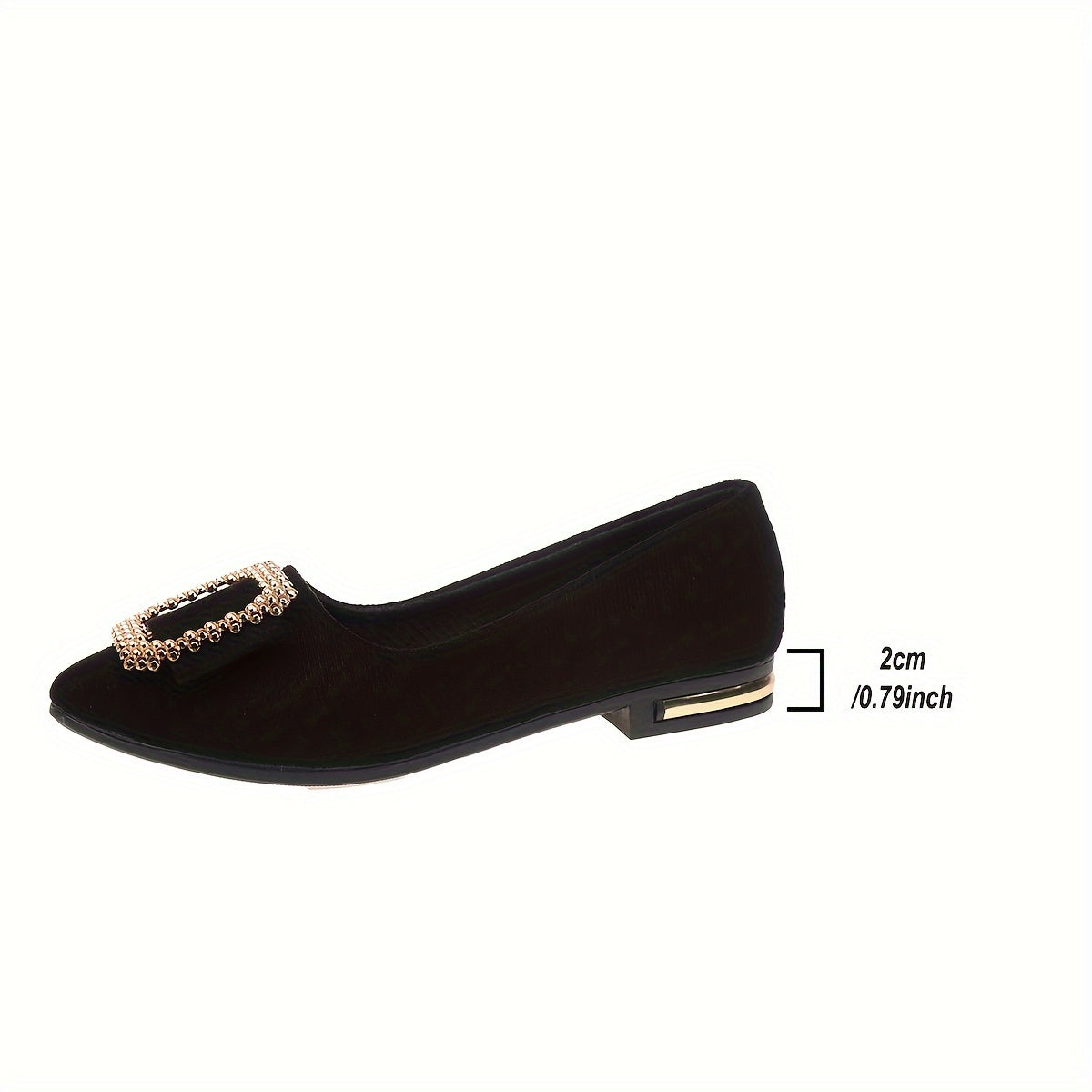 Elegant slip-on flats for women with Korean style design, pointed toe, sparkling buckle detail, lightweight fabric upper, and rubber sole. Perfect for students and style enthusiasts in