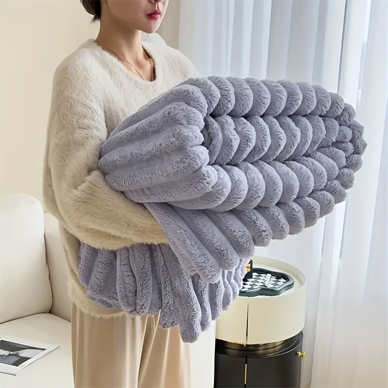 Luxury double-sided faux rabbit fur throw blanket, soft and cozy for naps, office, camping, and sofa use. Machine washable and durable. Small size (70*100cm), buy with caution.