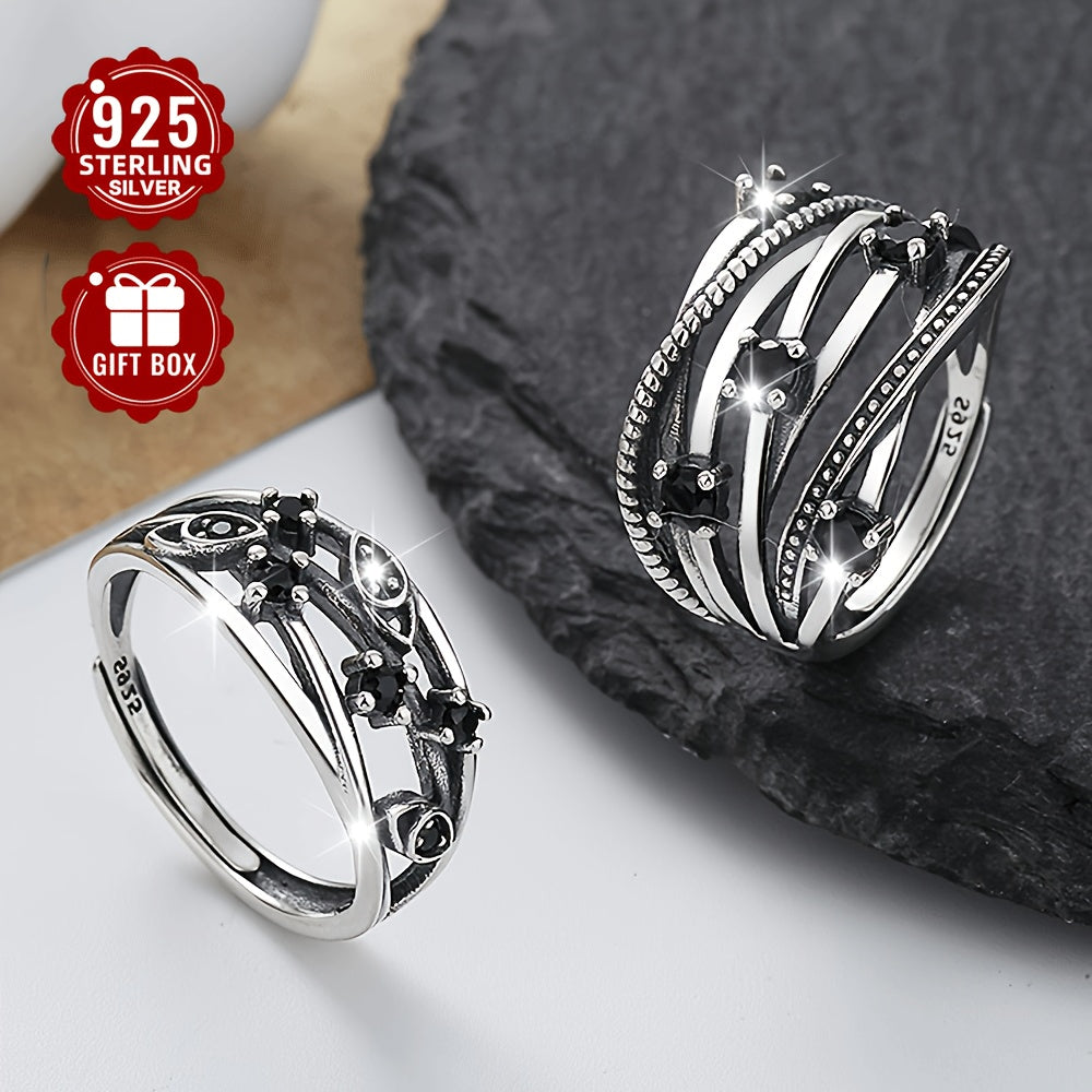 925 Sterling Silver Adjustable Open Band Multi-Layer Ring with Black Synthetic Zirconia - Hypoallergenic and Stylish. Perfect for Any Occasion and Season - Available in A/B Style (3.4g/2.98g)