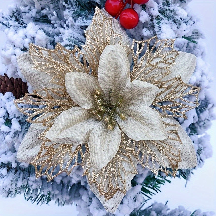 10pcs 15cm Christmas garland vine with three-layer multi-color hollow flowers, accented with gold powder.