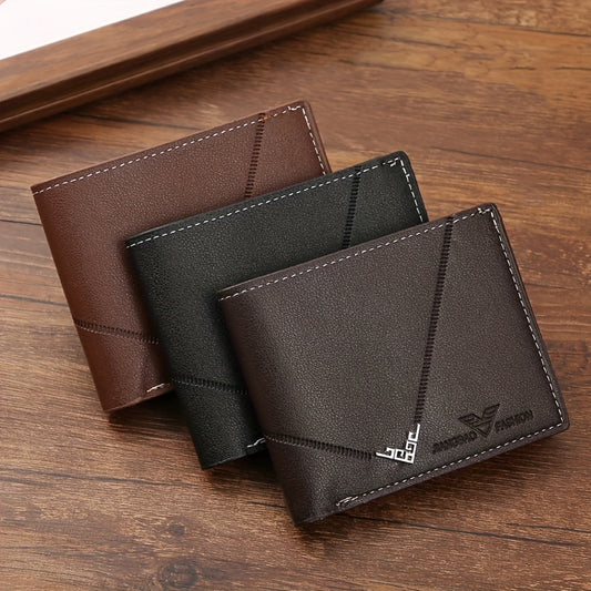 Vintage-style black faux leather wallet with lychee texture, multiple card slots, and color block design for men.