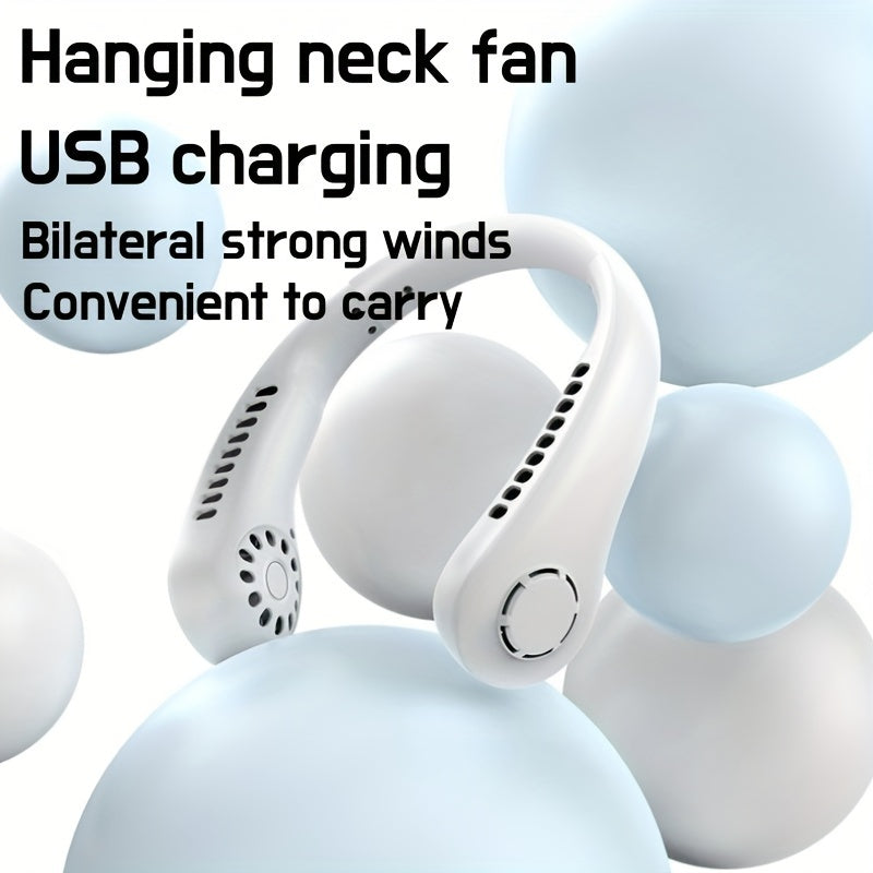 USB rechargeable leafless neck hanging fan, perfect for student dormitories. This small and silent electric fan can be worn around the neck and used on beds, desks, or while engaging in indoor and outdoor sports in the bedroom.