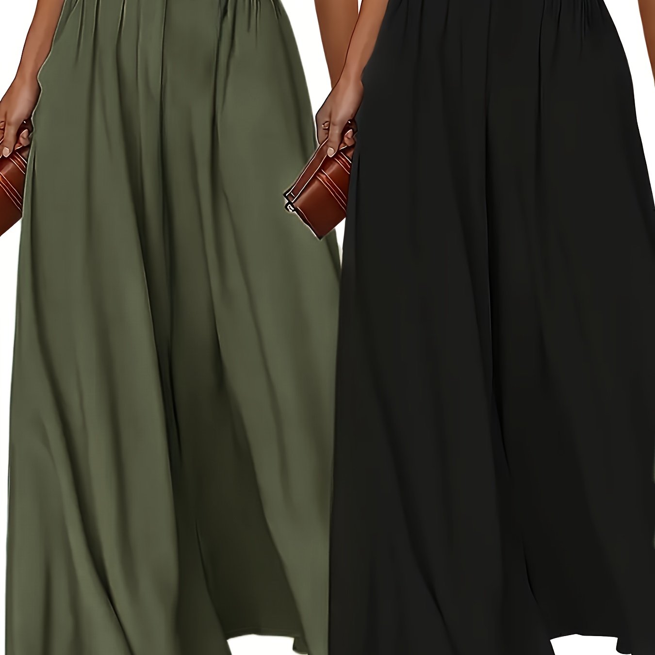 Two high-waisted wide-leg pants for women in solid color polyester, non-stretch fabric. Comfortable loose fit with pockets for daily wear in all seasons.