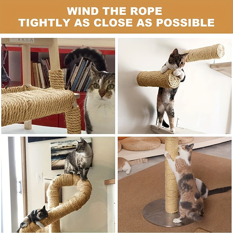 10M long natural sisal rope cat scratcher with DIY paw claw furniture protector for cats made from natural fabric material.