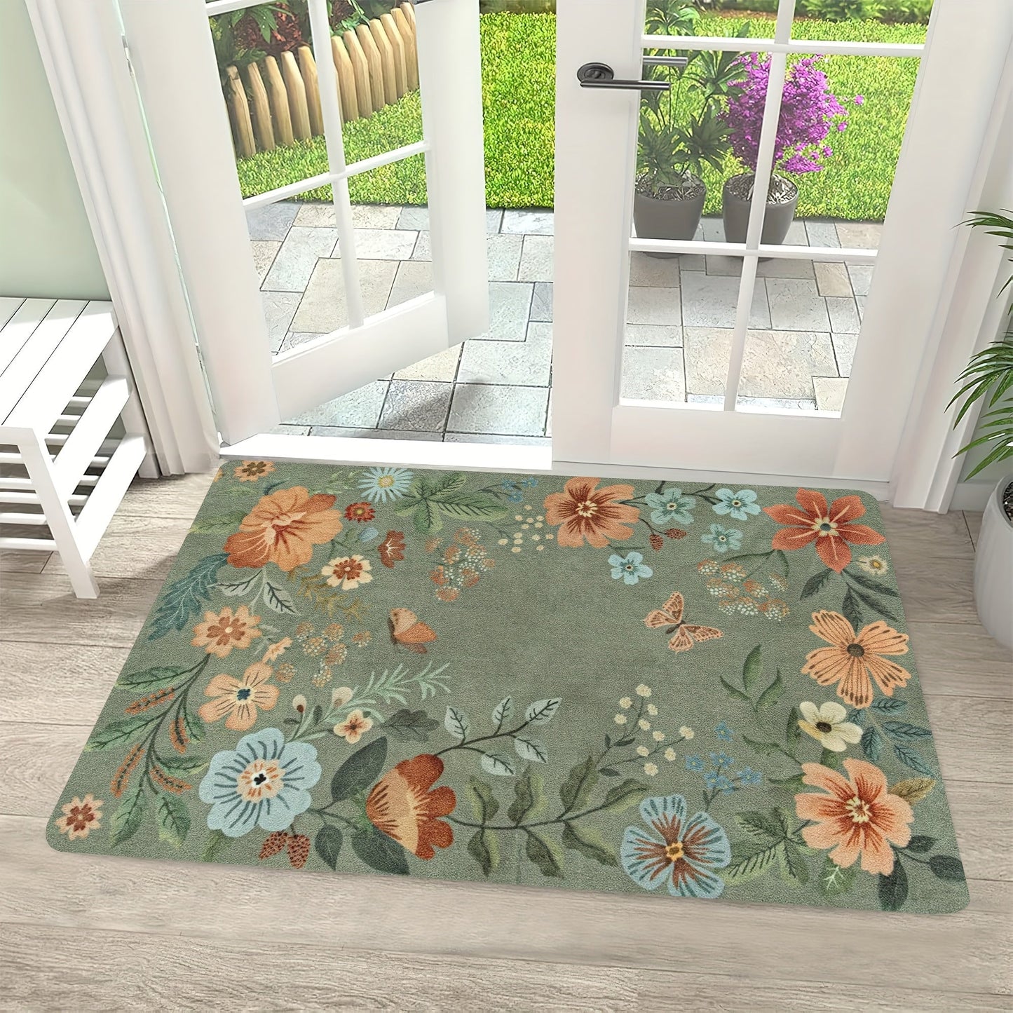 Durable Polyester Entrance Doormat with PVC Backing - Soft, Washable Floral Design for Entryway, Bathroom, Bedroom, Living Room, Laundry - Anti-Fouling, Bohemian Style Rug