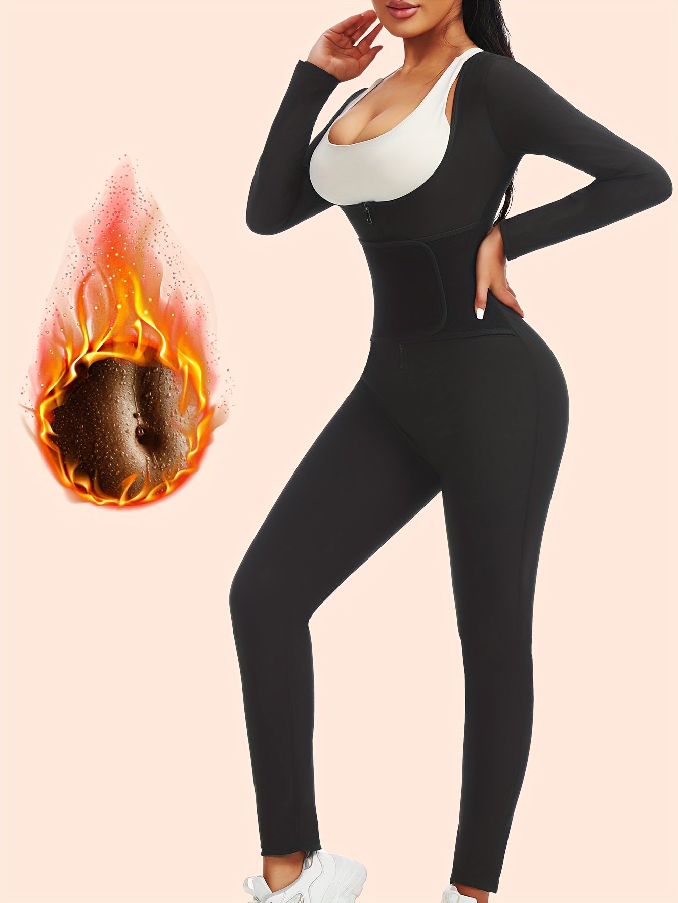 Women's Long Sleeve Sauna Suit Jumpsuit in Black, Tummy Control Waist Trainer with Zipper, Slimming Body Shaper for Fitness & Running, Polyester and Elastane Blend