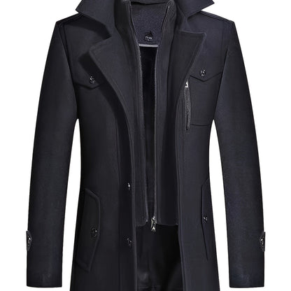 Men's warm jacket with pockets, double lapel for autumn/winter casual wear.