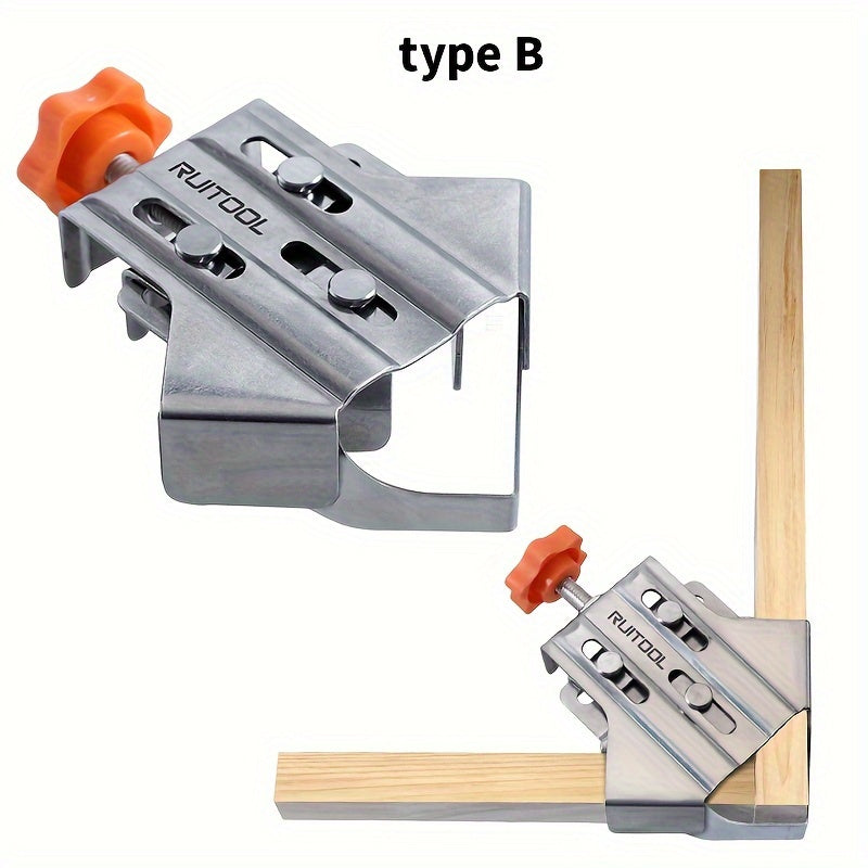 Stainless steel corner clamp for woodworking, with adjustable positioning and durable plastic components.