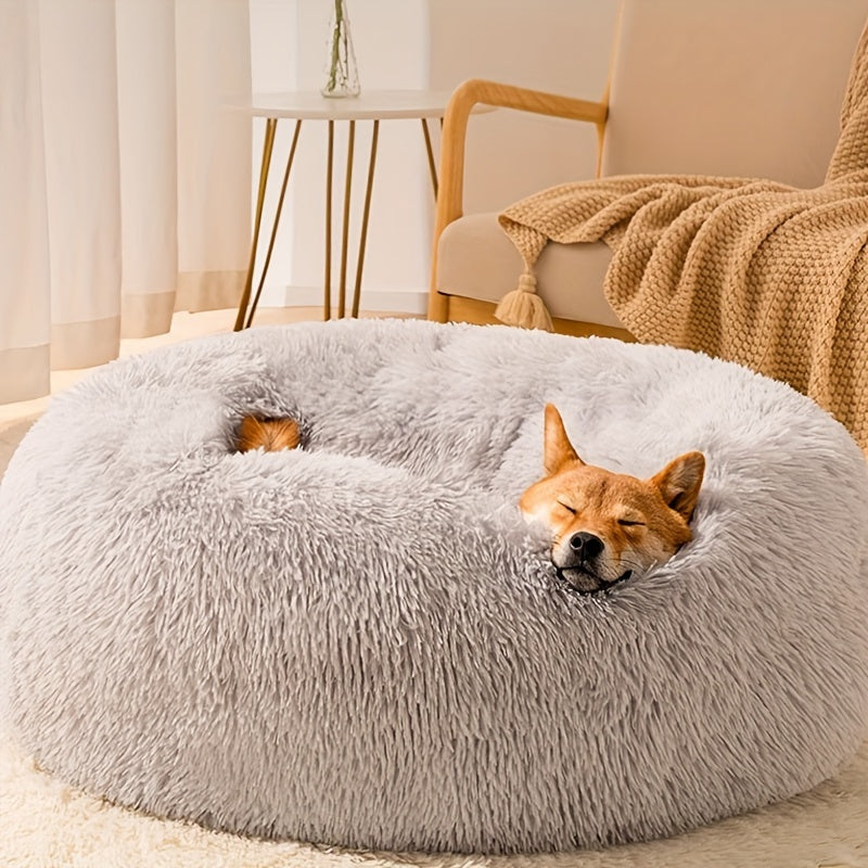 Extra Large Round Dog Bed with Non-Slip Bottom - Soft Faux Plush Polyester Fiber Filled Cuddly Pillow for Dogs of all sizes - Comfortable and Warm.