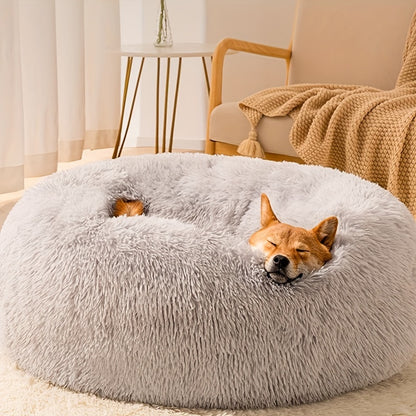 Extra Large Round Dog Bed with Non-Slip Bottom - Soft Faux Plush Polyester Fiber Filled Cuddly Pillow for Dogs of all sizes - Comfortable and Warm.