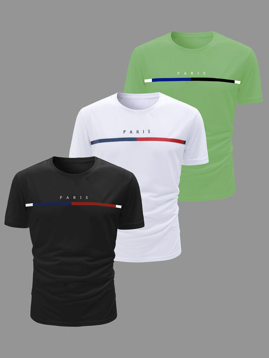 3 Men's Casual Short Sleeve Crew Neck T-shirts, ideal for summer activities and outdoor wear.